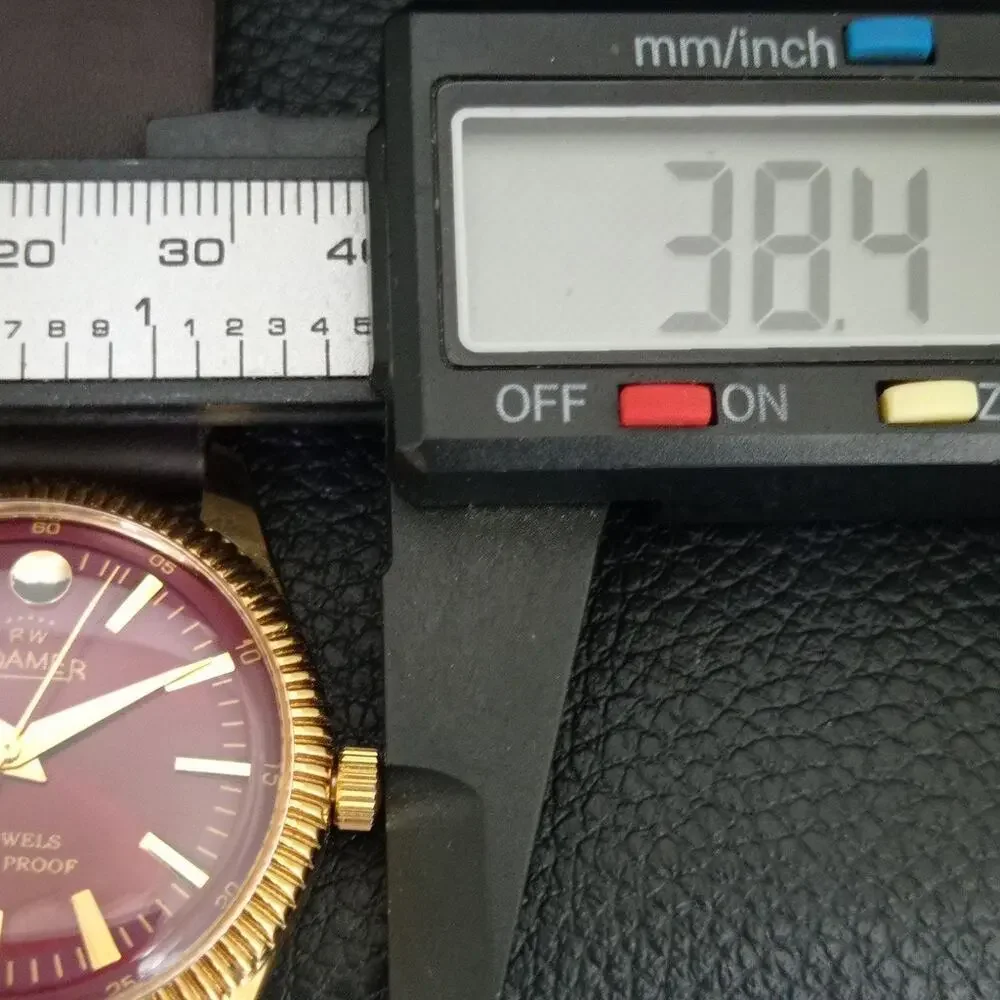 Vintage 1973 Roamer Manual Mens Gold Watch W/Leather Strap & Red accents